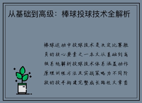从基础到高级：棒球投球技术全解析